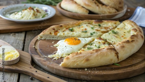 Delicious Georgian khachapuri bread with a sunny egg served on a rustic wooden plate