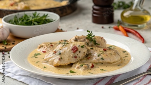 Delicious Georgian chicken in cream sauce served with fresh herbs