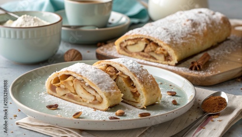 Delicious german apple strudel with powdered sugar served on a plate next to fresh coffee and cinnamon
