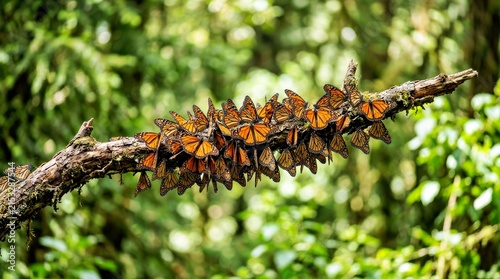 Monarch Butterflies Clustering on Moss Covered Tree Branch in Forest
