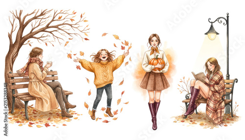 autumn scenes, cozy fall watercolor illustration, warm colors, seasonal art, children and adults, nature background, autumn leaves, outdoor activity, relaxing moments, fall fashion, seasonal lifestyle