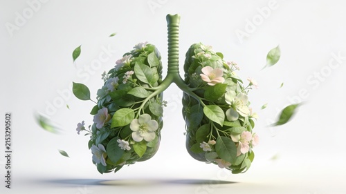 Human lungs formed from lush green leaves and white-pink flowers, symbolizing health, fresh air, and environmental wellness.