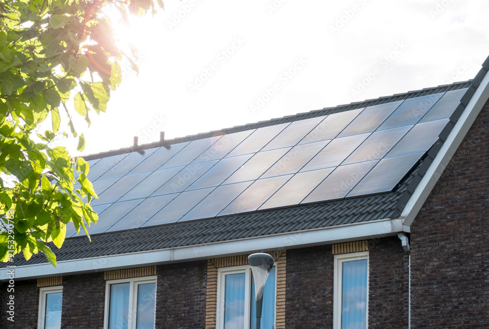 Fototapeta premium Residential Rooftop Solar Panels on Modern Home in Bright Sunlight