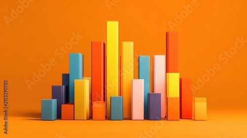 Obraz na płótnie Colorful 3D bar chart on orange background, abstract business analytics columns, data visualization concept render