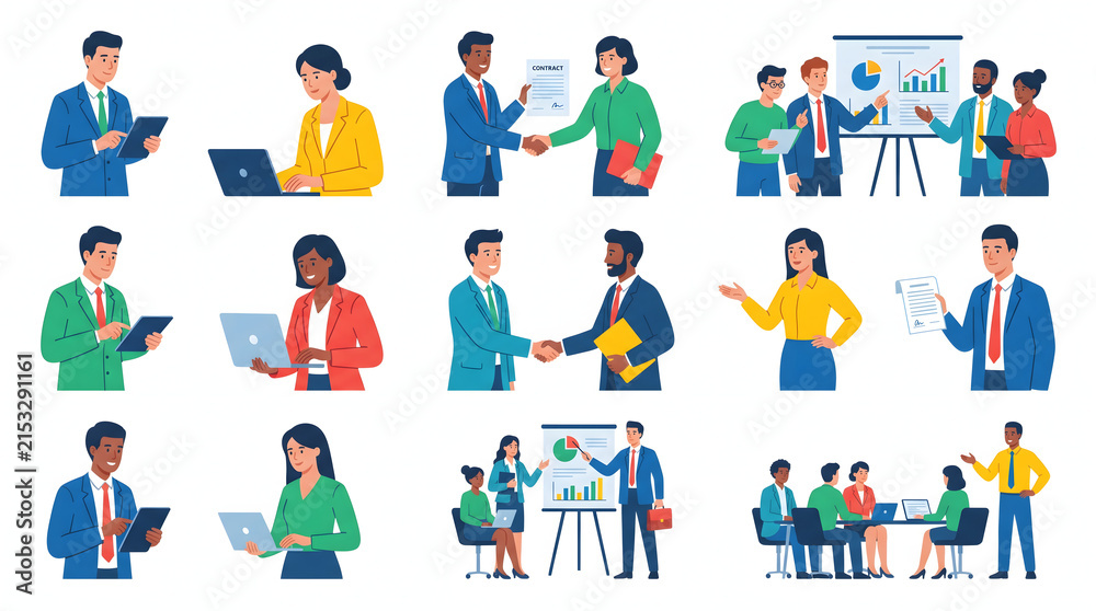 Fototapeta premium Multiethnic professional business characters in diverse corporate office work activity scenes