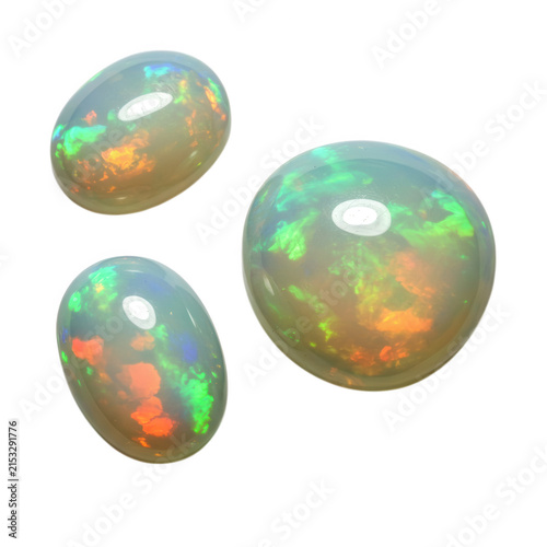 Three iridescent opals isolated on transparent background