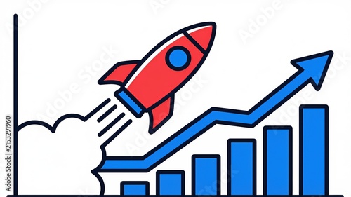 Business growth and success concept with a rocket launching over an upward-trending bar chart and arrow icon.