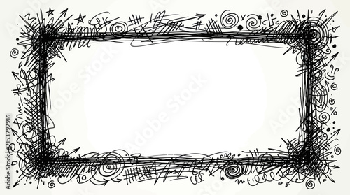 A hand-drawn, scribbled black frame with abstract doodles and arrows on a white background, perfect for creative design.