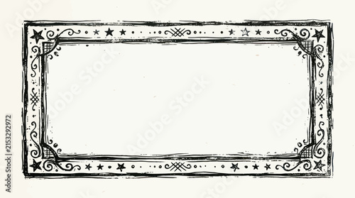 Hand-drawn vintage rectangular frame with stars and ornate scrollwork, featuring a distressed, grunge-like texture on a white background, perfect for labels or borders.