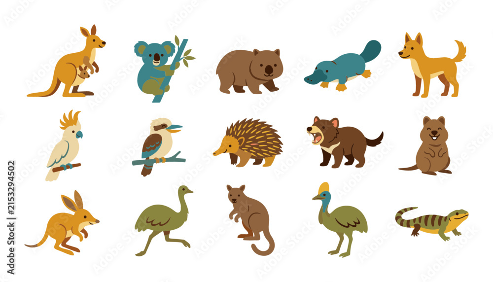 Obraz premium Set of cute cartoon australian animals including kangaroo koala platypus dingo kookaburra echidna tasmanian devil quokka emu cassowary and lizard