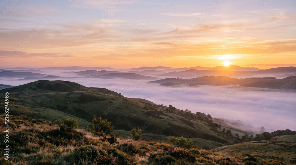 Naklejka premium Golden sunrise over misty mountains and rolling green hills, symbolizing peace, nature, and new beginnings, perfect for serene, travel, or escapism themes