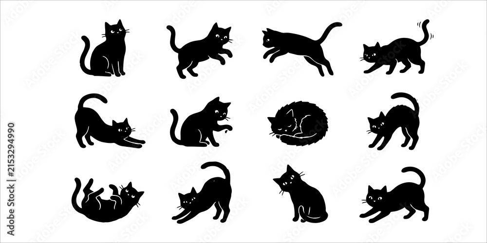 Obraz premium A collection of twelve black cat silhouettes showing various cute poses and movements on a clean white background