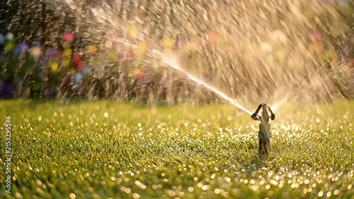 Sprinkler Irrigating Green Lawn in Bright Sunlight During Daytime