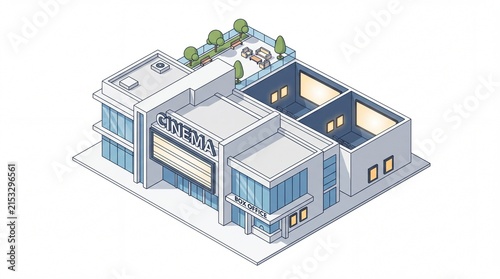 Modern cinema building featuring an isometric architectural design with visible interior theater screens box office entrance and a rooftop relaxation terrace displayed in a clean professional vector a
