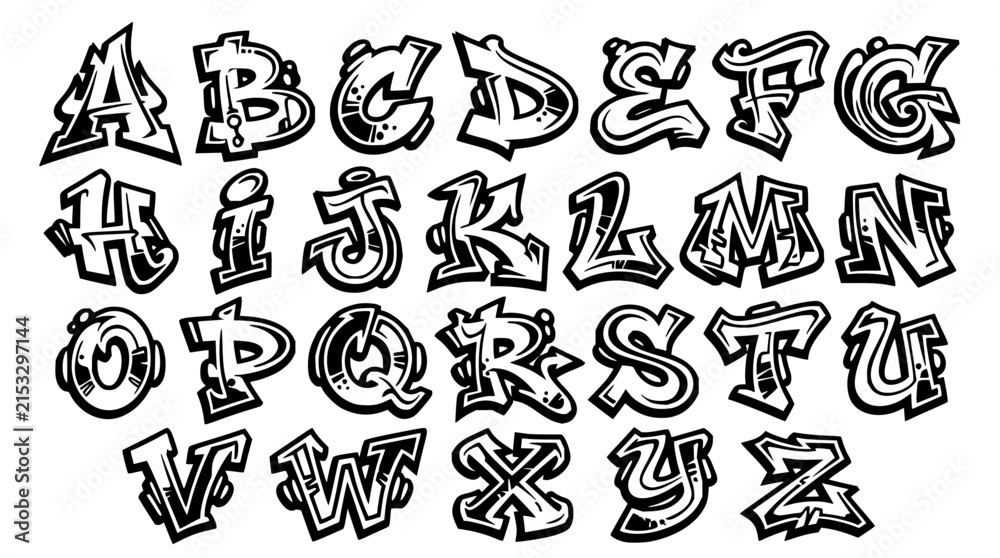 Fototapeta premium Graffiti alphabet set with bold colorful letters featuring urban street art style with spray paint textures and 3D effects and vibrant gradients