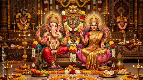 Elegant Hindu Diwali Puja Setup with Diyas