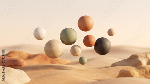Minimal abstract desert with floating clay spheres in beige, terracotta, olive and charcoal tones, warm filter and copy space for modern branding, wellness and product designs.