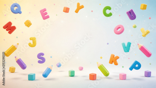 Colorful floating alphabet letters and school supplies frame a bright copy space, ideal for preschool learning, kindergarten banners, literacy programs and back-to-school advertising.