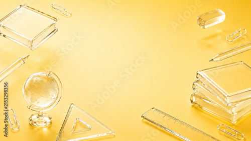 Transparent glass books, pencils and school tools frame a sunny yellow copy space, ideal for back-to-school campaigns, education banners, learning platforms and academic presentations.