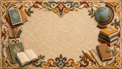 Vintage books, globe and writing tools frame parchment copy space with ornate Central Asian patterns, ideal for education banners, cultural projects, certificates and school presentations.
