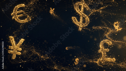 Golden dollar, euro, yen and pound symbols emerge from sparkling particles on a dark background, ideal for forex, banking, global finance, investment and fintech advertising.
