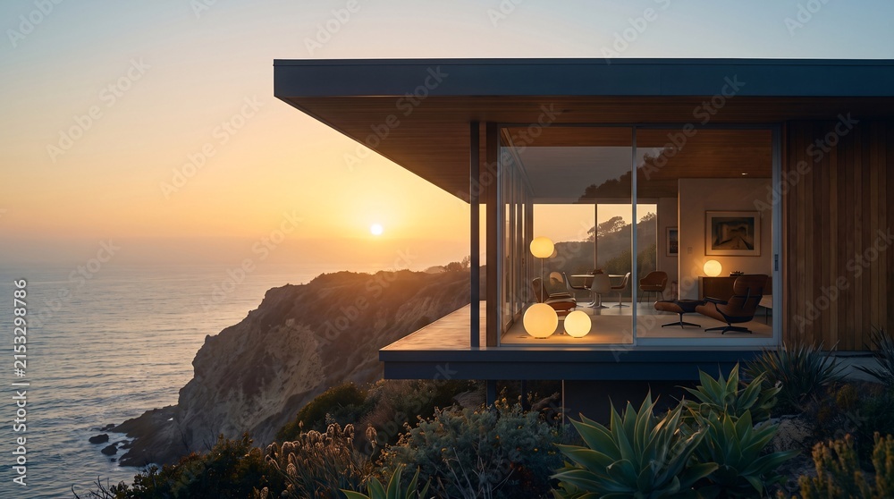 Fototapeta premium Modern luxury house overlooking the ocean cliff during a stunning golden sunset evening