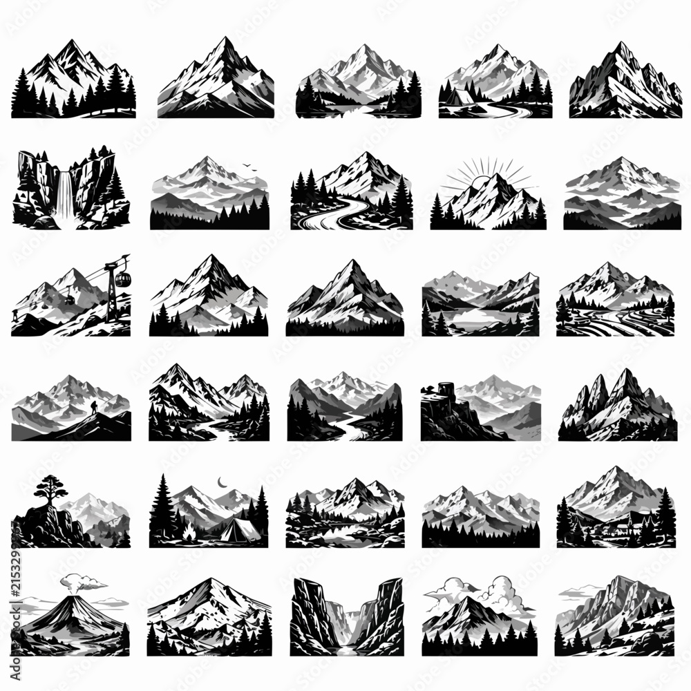 Fototapeta premium Comprehensive monochrome vector collection of mountain landscapes, peaks, valleys, and nature scenery. Hand-drawn vintage engraving style for outdoor adventure logos and poster designs.