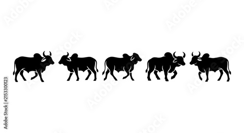 Silhouette Herd of Zebu Cattle, Livestock Vector Art, Farm Animals Collection, Rural India Wildlife