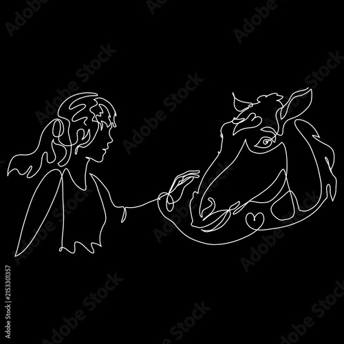 A girl and a horse, a single white line drawing on a black background