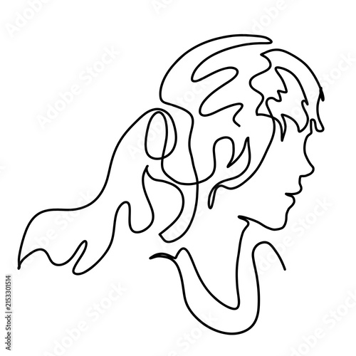 Drawing of a young woman's head with long hair tied in a ponytail, created with a single continuous black line