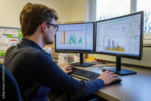 Employee working with two monitors analyzing data on screen at office desk