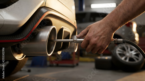 professional car exhaust pipe cleaning|automotive technician servicing sports car|high performance vehicle maintenance garage|luxury car detailing and exhaust restoration