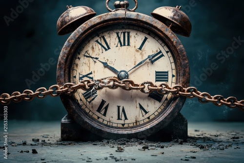 A giant chain breaking under the weight of a massive ancient cracked clock face