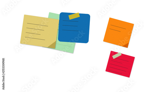 Colorful sticky notes paper for reminders and office tasks isolated on transparent background, illustration