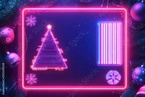 Cyberpunk neon frame a square frame with neon circuit lines and a christmas tree for an xmas holiday event