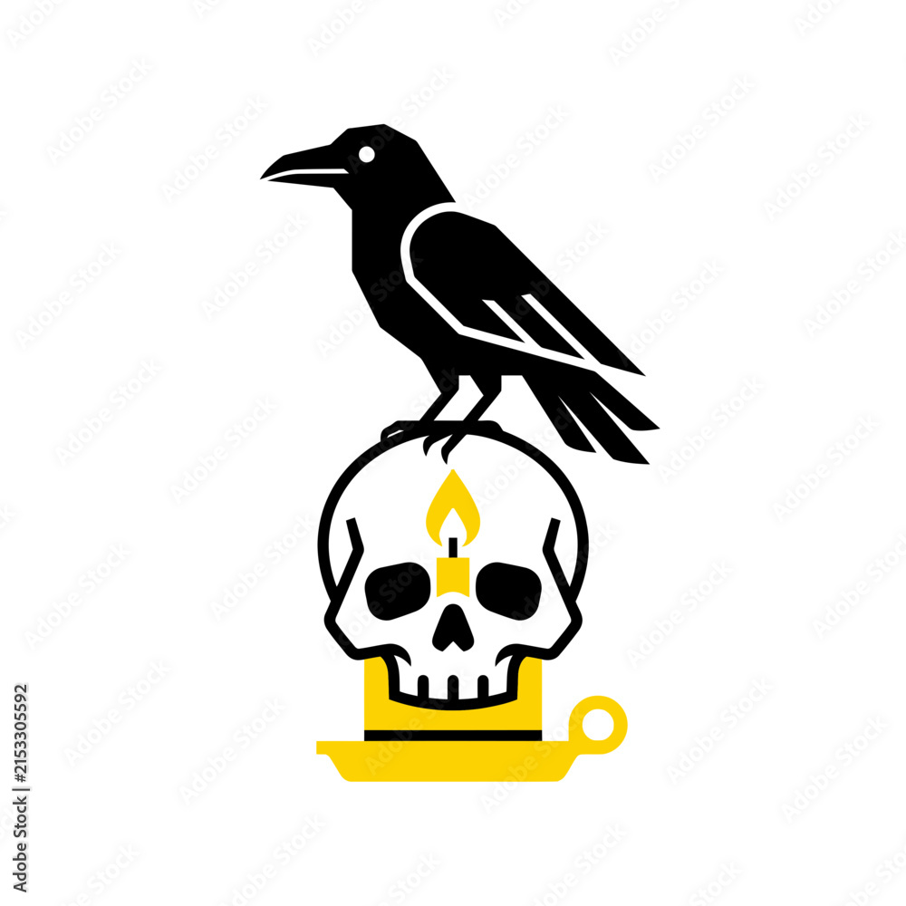 Obraz premium Raven standing on a human skull candle holder graphic isolated on white.