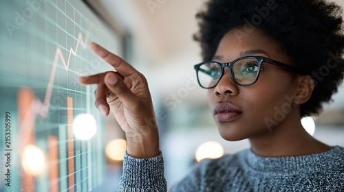 Focused businesswoman analyzing upward trending stock market graph on futuristic digital display screen