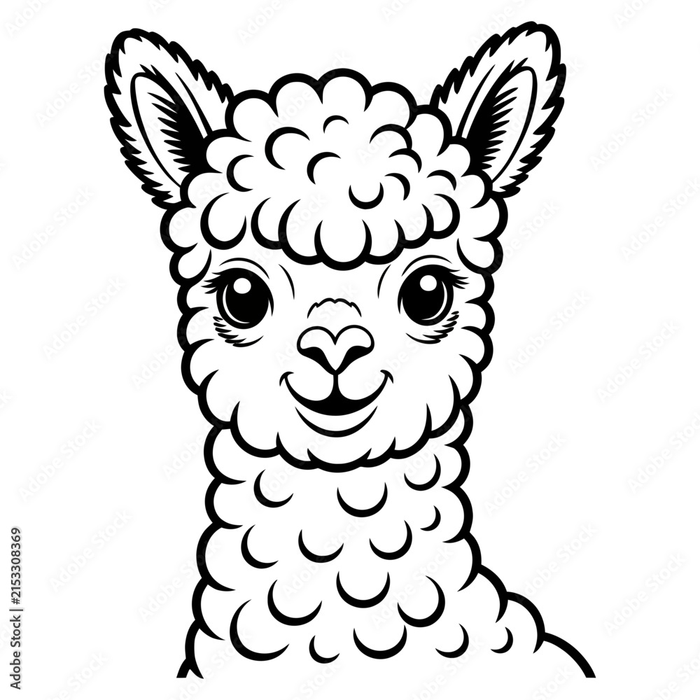 Naklejka premium Cute black and white line art portrait of a smiling alpaca with portrait illustration creature minimalist monochrome isolated creative abstract friendly whimsical character