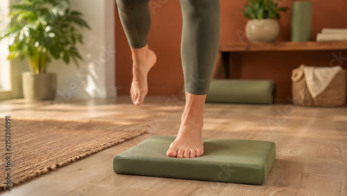 Woman performs a single-leg barefoot balance exercise on a green foam pad in a home interior, training stability and foot control.