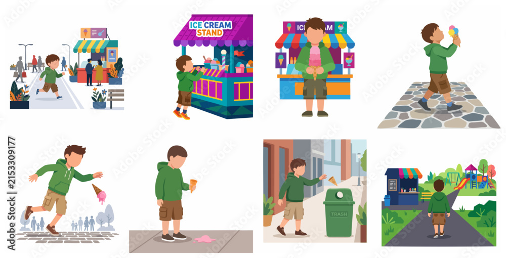 Fototapeta premium Vector illustration set of a boy buying ice cream from a stand, dropping it, and throwing it in the trash