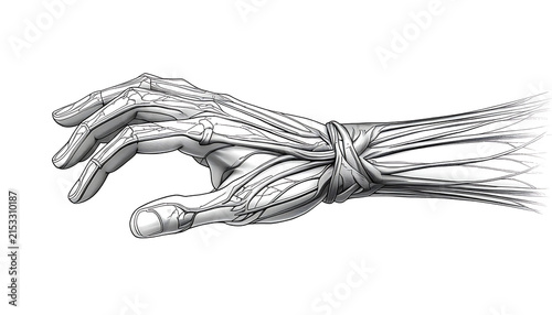 The provided illustration highlights the intricate system of tendons and fibrous bands that coordinate finger and wrist movements