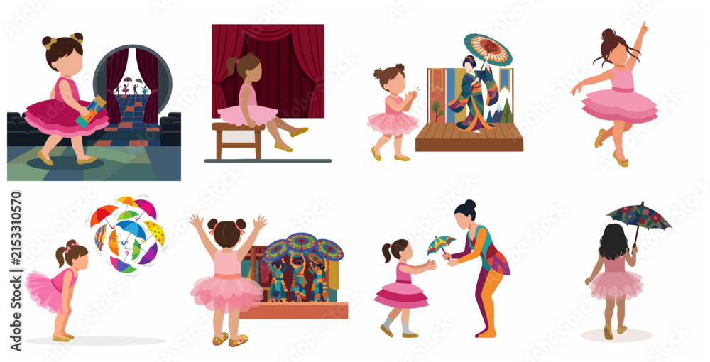 Fototapeta premium Set of cute little girl ballerina characters in pink tutus performing on stage and preparing backstage in a theater, flat vector illustration