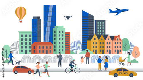 Flat smart city vector illustration featuring modern skyline skyscrapers, diverse active citizens and urban transport, representing connected lifestyle and sustainable living