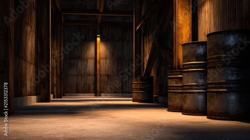 An empty, dimly lit warehouse interior showcasing barrels and wooden structures in shadows