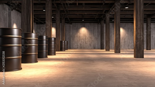 A spacious industrial interior featuring wooden beams and dark barrels against a textured wall