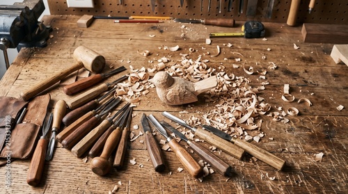 Artisan woodworking bench with bird carving and wood shavings tools ready for craftsmanship