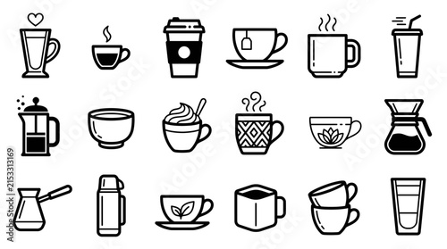 Coffee cup and hot beverage line icons showcasing espresso mugs, brewing equipment and tea glasses, representing coffee shop menu design and cafe branding