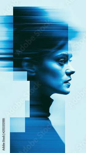 Abstract Portrait of Woman in Profile with Blue Motion Blur and Geometric Shapes