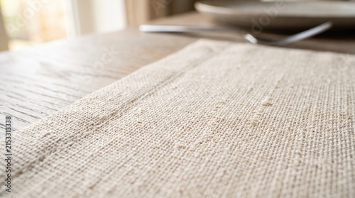 Close-up macro shot of a natural burlap placemat on a wooden table with subtle background blur