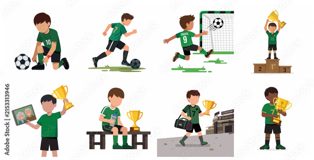 Fototapeta premium Set of boy soccer player character illustrations showing training, scoring a goal, and winning a trophy in green uniform.